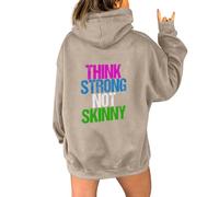 Sudadera con capucha para mujer, con capucha y texto en inglés "Think Strong", no ajustada, para otoño, cómoda, informal, para invierno, a la moda, caqui, M