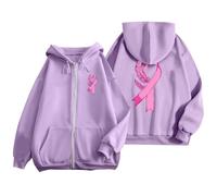 Sudadera con capucha para mujer con cremallera impresa cinta rosa cáncer de mama con capucha octubre rosa otoño invierno cálido suéteres, chalecos y sudaderas con capucha deporte casual chaqueta media