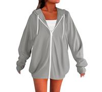 Sudadera con capucha para mujer, con cremallera, para otoño e invierno, de gran tamaño, con capucha Y2K, casual, bonita, con bolsillos, gris, L