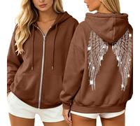 Sudadera con capucha para mujer con purpurina y alas de ángel, Y2K, chaqueta con cremallera, sudaderas con capucha, chándal informal, básica, sudadera cómoda con capucha con bolsillos, café, XL