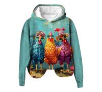 Sudadera con capucha para mujer, de gran tamaño, cálida, con diseño de gallina, con estampado de animales, colorido, divertido, gráfico, manga larga, suéter de punto, azul, S