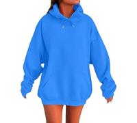 Sudadera con capucha para mujer, de gran tamaño, extra cálida, manga larga, talla grande, con cordón, bolsillo canguro, para otoño e invierno, color sólido, ropa deportiva clásica, azul, M
