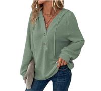 Sudadera con capucha para mujer, de manga larga, informal, de punto gofre, cuello en V, sudadera de gran tamaño, con botones y cordón ajustable, verde claro, S