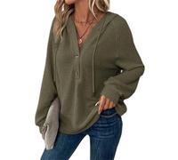 Sudadera con capucha para mujer, de manga larga, informal, de punto gofre, cuello en V, sudadera de gran tamaño, con botones y cordón ajustable, verde, 3XL