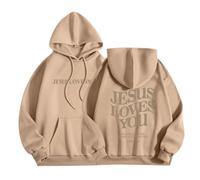 Sudadera con capucha para mujer, diseño de Jesus Love You, talla grande, con bolsillo, cordón, para otoño e invierno, a la moda, cómoda, casual, caqui, S