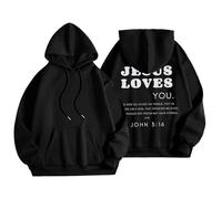 Sudadera con capucha para mujer, diseño de Jesus Loves You con bolsillo, con cordón, para otoño, a la moda, para invierno, cómoda, casual, Negro, M