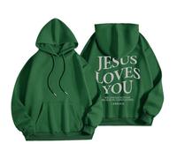 Sudadera con capucha para mujer, diseño de Jesus Loves You con bolsillo, con cordón, para otoño, a la moda, para invierno, cómoda, casual, verde, M