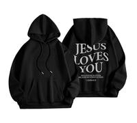 Sudadera con capucha para mujer, diseño de Jesus Loves You con bolsillo, con cordón, para otoño, a la moda, para invierno, cómoda, casual, Negro, 3XL