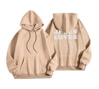 Sudadera con capucha para mujer, diseño de Jesus Loves You con bolsillo, con cordón, para otoño, a la moda, para invierno, cómoda, casual, caqui, XL