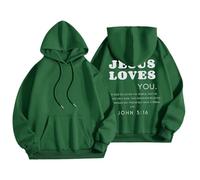 Sudadera con capucha para mujer, diseño de Jesus Loves You con bolsillo, con cordón, para otoño, a la moda, para invierno, cómoda, casual, verde, S
