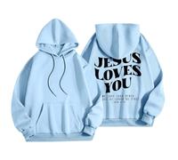 Sudadera con capucha para mujer, diseño de Jesus Loves You con bolsillo, con cordón, para otoño, a la moda, para invierno, cómoda, casual, azul, L