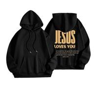 Sudadera con capucha para mujer, diseño de Jesus Loves You con bolsillo, con cordón, para otoño, a la moda, cómoda, informal, para invierno, Negro, L