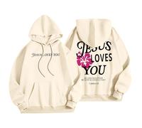 Sudadera con capucha para mujer, diseño de Jesus Loves You, con bolsillo, con cordón, para otoño, a la moda, para invierno, cómoda y casual, beige, 3XL