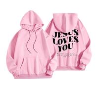 Sudadera con capucha para mujer, diseño de Jesus Loves You con bolsillo, con cordón, para otoño, a la moda, para invierno, cómoda, casual, rosa, 3XL