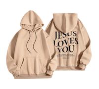 Sudadera con capucha para mujer, diseño de Jesus Loves You con bolsillo, con cordón, para otoño, a la moda, para invierno, cómoda, casual, caqui, S