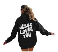 Sudadera con capucha para mujer, diseño de Jesus Loves You, con cordón, para otoño, invierno, cómoda, casual, con capucha, Negro, S