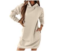 Sudadera con capucha para mujer, largo: sudadera con capucha, monocolor, vestido de jersey cómodo, sudadera de algodón, vestido suelto, manga larga, suave, para tiempo libre, ropa de calle, beige, L