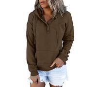 Sudadera con capucha para mujer, suéter de invierno, cierre de botón, sudaderas, con capucha, color liso, abrigos cortos, chaquetas cálidas, mangas largas, bolsillos, marrón, 4X-Large