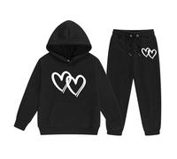 Sudadera con capucha para niño, diseño de corazón, talla grande, manga larga, letra impresa superior, suéter, pantalones de moda occidental, invierno, gruesa, ropa de corpiño (negro, 12-13 años)