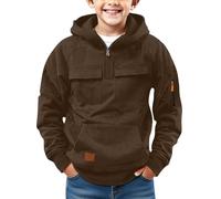 Sudadera con capucha para niños, con cremallera de un cuarto, sudadera con capucha de gran tamaño, manga larga, forro polar, para adolescentes y niños, ropa de abrigo para la escuela, marrón, 14-15