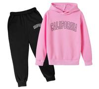 Sudadera con capucha para niños Conjunto de sudadera con capucha impresa popular conjunto en ropa interior 2026 carta casual impresa manga larga fuera desgaste, Rosa., 13-14 años