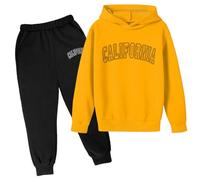 Sudadera con capucha para niños Conjunto de sudadera con capucha impresa popular conjunto en ropa interior 2026 carta casual impresa manga larga fuera desgaste, amarillo, 11-12 años