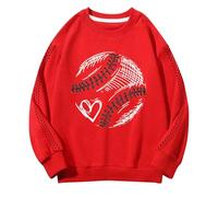 Sudadera con capucha para primavera y niñas, estampado creativo de béisbol 2D, cuello redondo retro, suelto y cómodo, sudadera informal con capucha para niños, rojo, 8-9 años