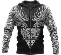 Sudadera con Capucha Y Cremallera Completa con Estampado 3D de Tatuaje de Ciervo Nórdico Vikingo para Hombre,Sudadera de Manga Larga Harajuku Vintage de Primavera