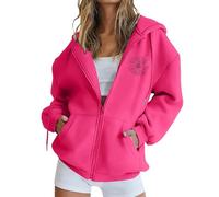 Sudadera con capucha y cremallera para mujer, color liso, de gran tamaño, con bolsillo, estilo casual, hot pink, XXL