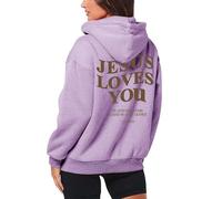 Sudadera con capucha y cremallera para mujer, diseño de Jesus Loves You, con cordón, para otoño, de gran tamaño, talla grande, a la moda, para mujer, ropa de calle, morado claro, M