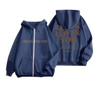 Sudadera con capucha y cremallera para mujer, diseño de Jesus Loves You, con cordón, para otoño, de gran tamaño, talla grande, a la moda, para mujer, ropa de calle, azul marino, 3XL