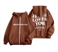 Sudadera con capucha y cremallera para mujer, diseño de Jesus Loves You, con cordón, para otoño, de gran tamaño, talla grande, a la moda, para mujer, ropa de calle, café, S