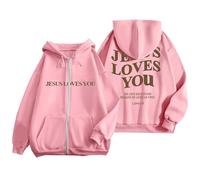 Sudadera con capucha y cremallera para mujer, diseño de Jesus Loves You, con cordón, para otoño, de gran tamaño, talla grande, a la moda, para mujer, ropa de calle, rosa, XXL