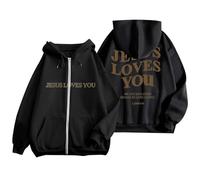 Sudadera con capucha y cremallera para mujer, diseño de Jesus Loves You, con cordón, para otoño, de gran tamaño, talla grande, a la moda, para mujer, ropa de calle, Negro, L