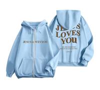 Sudadera con capucha y cremallera para mujer, diseño de Jesus Loves You, con cordón, para otoño, de gran tamaño, talla grande, a la moda, para mujer, ropa de calle, azul celeste, L
