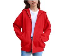 Sudadera con capucha y cremallera para niñas, de forro polar, cálida, con bolsillo, casual, con cremallera, ligera, color liso, para escuela, hip hop, ropa de calle, rosso, 13-14 años