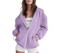 Sudadera con cremallera para mujer, talla grande, chaqueta ligera para mujer, elegante, con bolsillo con capucha informal, abrigo otoñal, chaqueta, versátil, ropa extragrande, malva, L