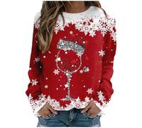 Sudadera con estampado de copo de nieve para mujer, cuello redondo, manga larga, suéter de Navidad, patrón de copa de vino, bloques de color, cómoda camiseta de sudor para leggings, Navidad, casual