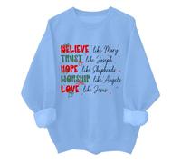 Sudadera con texto en inglés "Believe Trust Hope Worship Love", retro, cristiana, religiosa, fe, creer, Navidad, azul celeste, L