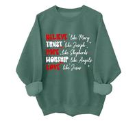 Sudadera con texto en inglés "Believe Trust Hope Worship Love", retro, cristiana, religiosa, fe, creer, Navidad, verde, 3XL