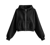 Sudadera Corta con Cremallera Y Capucha Mujer,Cordón Ajustable,Bolsillos Canguro | Look Entrenamiento Primavera Otoño Informal Diario | Ligera,Suave Y Holgada Cómoda(Black, XXL)
