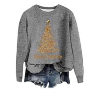 Sudadera Cremallera Mujer sin Capucha,Ropa navideña,Women's Christmas Tree Knitted Print Sweater Spring and Autumn One Word Shoulder Exposed Shoulder Hood Sweater Mujer Elegantes (Grey, S)
