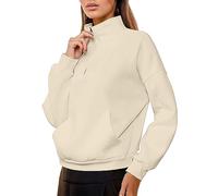 Sudadera Damen Pullover 1/4 Reißverschluss Langarmshirt Herbst Sudadera Ohne Kapuze Pulli Stehkragen Regular Fit Bluse Tops Casual Einfarbig Pulli Frauen Oberteil Streetwear, R Beige, M