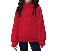 Sudadera de felpa doble cara para niñas con cremallera a media altura, cómoda sudadera con bolsillo tipo canguro para uso casual, rosso, 5-6 años
