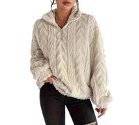 Sudadera de forro polar con cremallera de un cuarto para mujer, de punto trenzado, acogedor, mullido, de gran tamaño, manga larga, suave, media cremallera, albaricoque, XL