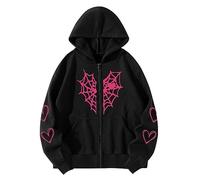 Sudadera de forro polar con cremallera para hombre, diseño de telaraña, corazón, gráfico, gótico, sudadera con capucha estética Y2K, ropa de calle unisex, sudadera de gran tamaño, chaquetas punk