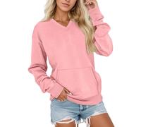 Sudadera de forro polar con cuello en V para mujer, suave, manga larga, casual, ajuste holgado, cómoda, ropa de invierno con bolsillos, para uso diario, deportes y salidas, suéteres para mujer, rosa