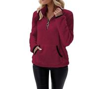 Sudadera de forro polar para mujer con cremallera media, manga larga, con cuello de pie, sudadera peluda con bolsillo de canguro, abrigos cálidos y cómodos para exteriores, Vino, L