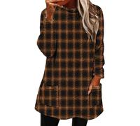 Sudadera de franela a cuadros para mujer, cuello redondo con bolsillo, ligera, holgada, tipo túnica, suéter curvado, suéter para otoño e invierno, para leggings, marrón, L