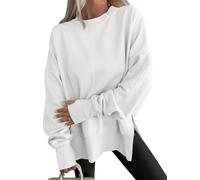 Sudadera de gran tamaño para mujer con agujeros para el pulgar, blusa informal de otoño con abertura lateral, cálida y cómoda, holgada, blanco, M